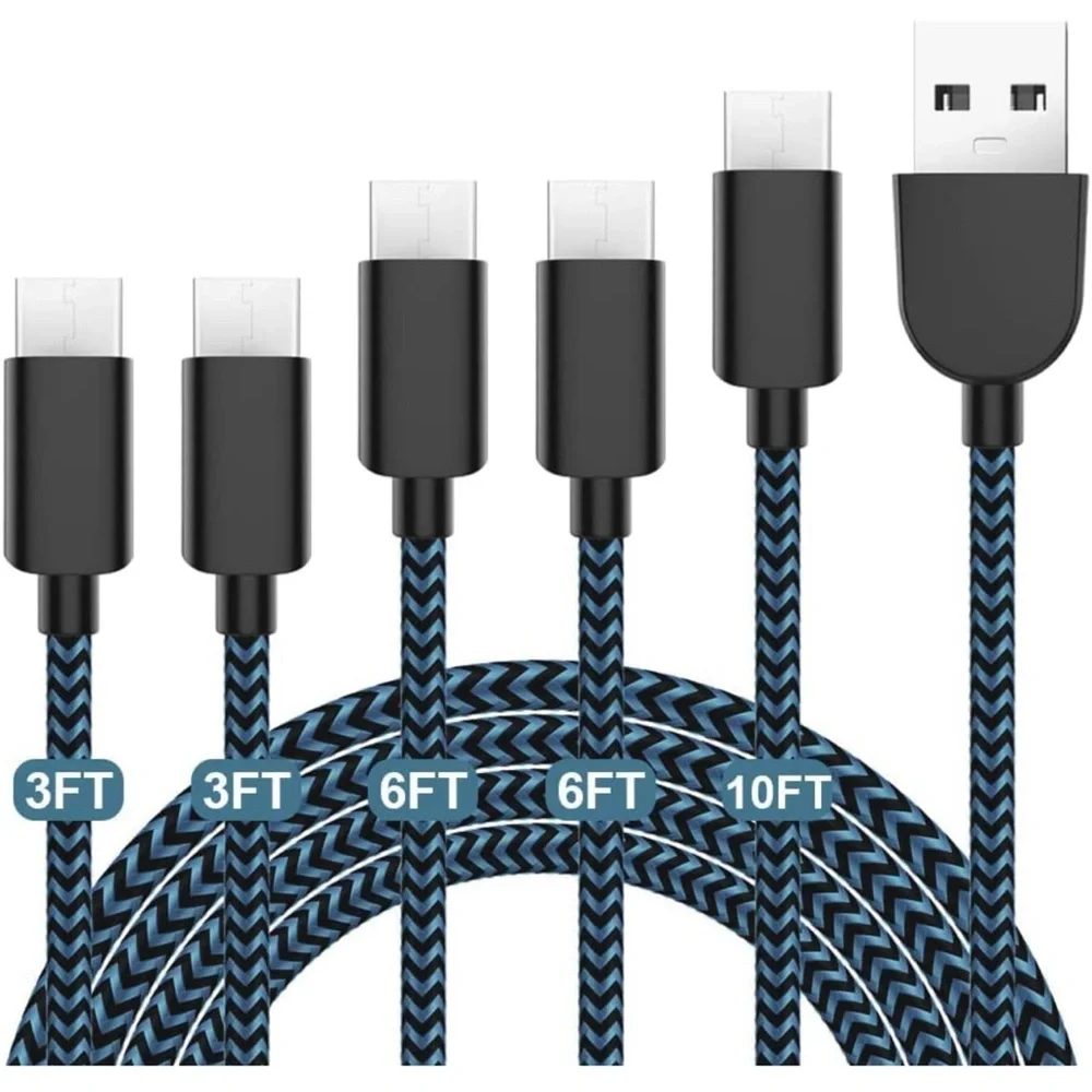 5 Pack (3/3/6/6/10FT) Fast Charging 3A USB-C to USB-A Cable Rapid Charger (Blue)